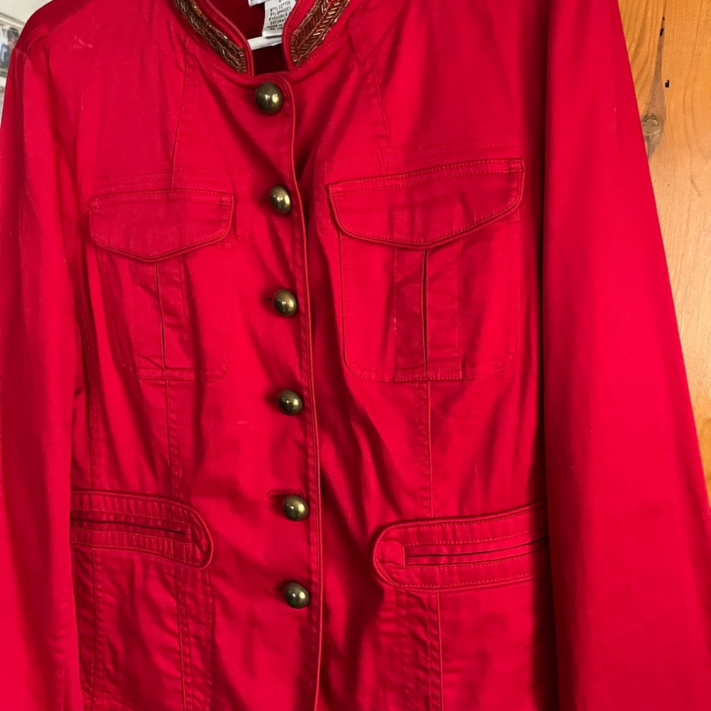 Victor Costa Vibrant Red Military-Style Blazer with Brass Buttons